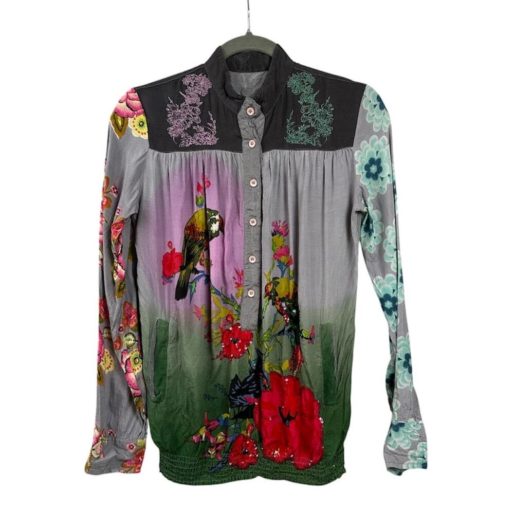 Desigual Y2K Blouse S Vintage Floral Beaded Fairy Grunge Pockets Elastic Waist